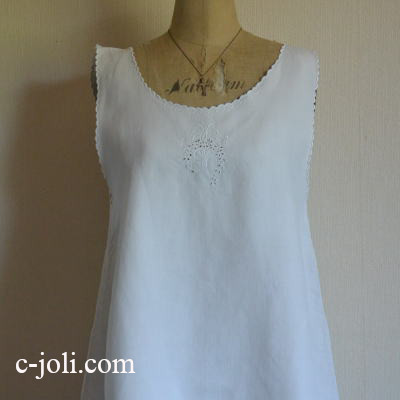 【日本発送】G-121　フランスアンティークリネンワンピース/部屋着/チュニック　カットワーク手刺繍リネンキャミワンピ 88.5cm