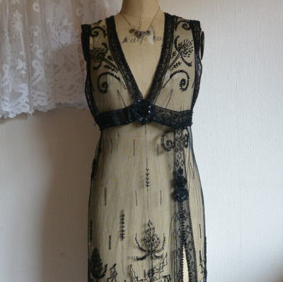 G-147　フランスアンティークレースドレス　チュールレース＆ガラスビーズアールデコドレス