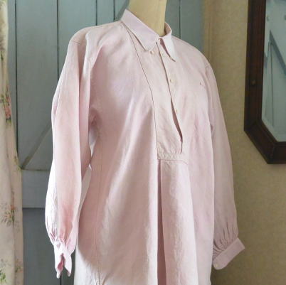 G-195　19世紀フランスアンティークリネン服/リネンワンピース　リネンワークシャツ/ナイトシャツ 101cm　ピンク