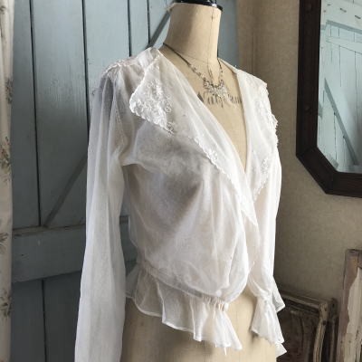 G-219　フランスアンティークレースカーディガン/トップス　手刺繍リネンチュールレースブラウス