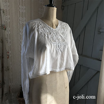 G-303 フランスアンティーク麻ローンブラウス/トップス　手刺繍リネンローン/ボビンレースブラウス