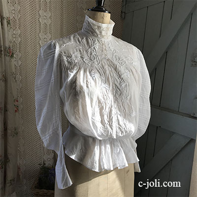 G-304 フランスアンティーク綿ローンブラウス/トップス　手刺繍コットンローン