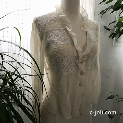 【パリ発送】G-315 フランスアンティークレース＆ちりめんブラウス　ポワンドガーズレース＆コットンクレープ