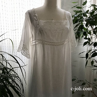 【パリ発送】G-316 フランスアンティークレース＆綿ローンワンピース　手刺繍コットンローン＆ヴァランシエンヌレース 145cm