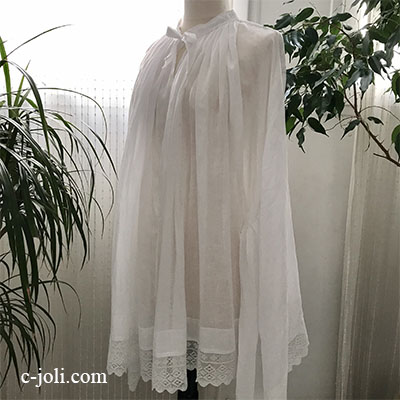 G-320 フランスアンティークリネンワンピース　教会チャーチスモック（司祭服）リネン＆ボビンレース 88cm