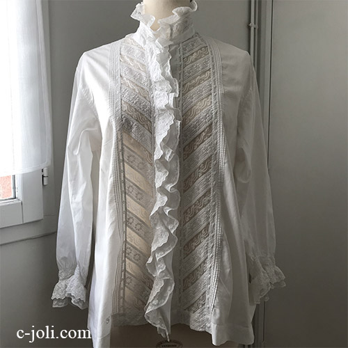 【パリ発送】G-342 フランスアンティークブラウス/トップス　ホワイトワーク手刺繍コットン＆ヴァランシエンヌレースブラウス
