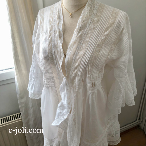 【パリ発送】G-344 フランスアンティークレース＆白糸刺繍コットンブラウス/ジャケット/トップス　19世紀手刺繍コットン＆ヴァランシエンヌレース