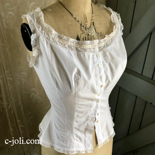 G-347 フランスアンティークコットンキャミソール　手刺繍モノグラムコットン＆ヴァランシエンヌレース＆シルクリボン