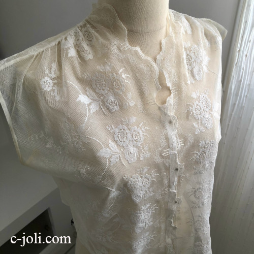 【パリ発送】G-351 フランスアンティークレースブラウス/トップス　リネンチュールレース＆マシーン刺繍