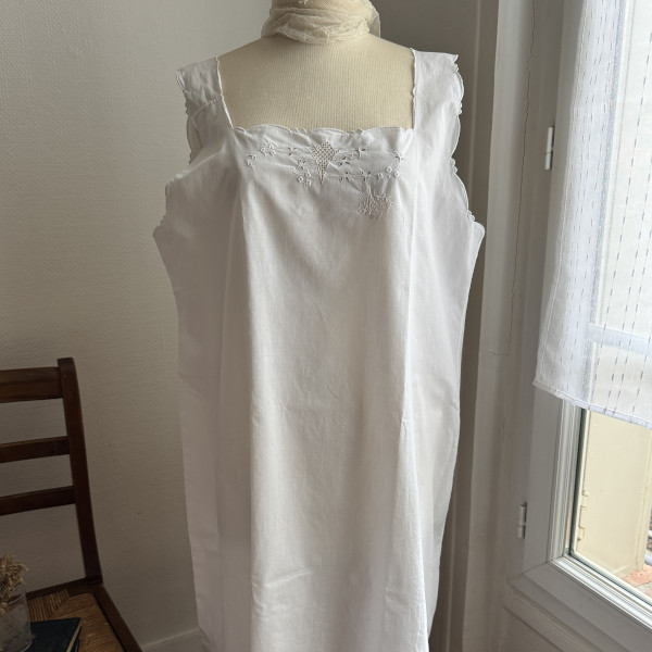 【パリ発送】G-372  フランスアンティークコットンワンピース｜キャミソール　カットワーク手刺繍キャミワンピ 94cm