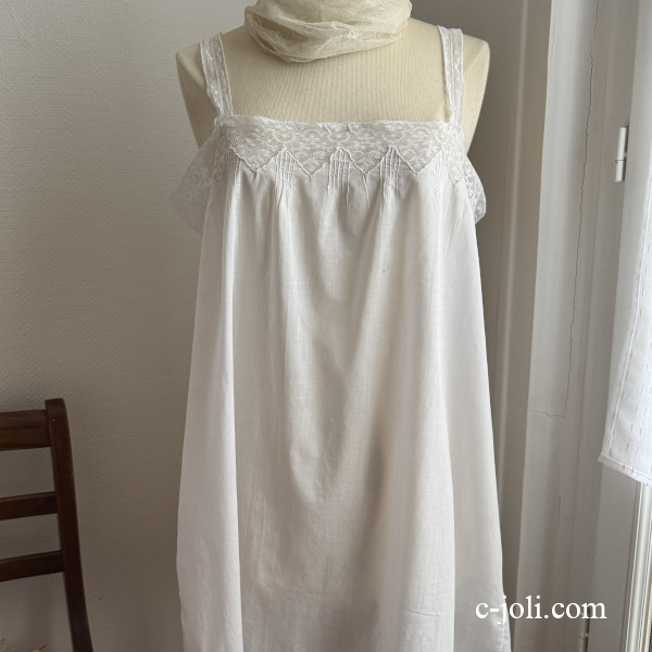 【パリ発送】G-374  フランスアンティークコットンワンピース｜キャミソール　ハンドワークレースキャミワンピ 88cm
