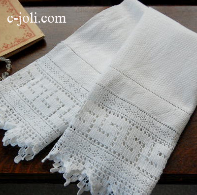 【日本発送】K-292　英国アンティークコットンクロス　クロシェレースコットンタオル 128cm