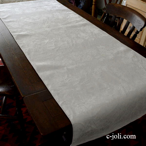 【日本発送】K-388　フランスアンティークリネンロングクロス/テーブルランナー　ダマスク織リネンクロス 65x198cm