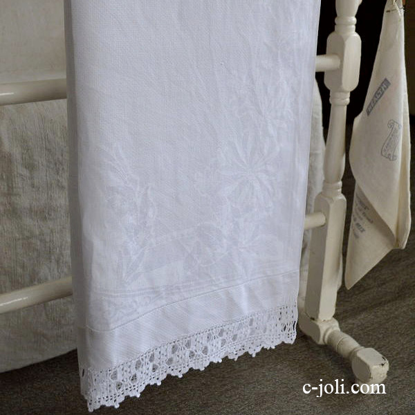 【日本発送】K-459　イギリスアンティークリネンゲストタオル　クロシェレース＆ダマスク織リネンクロス 1m13