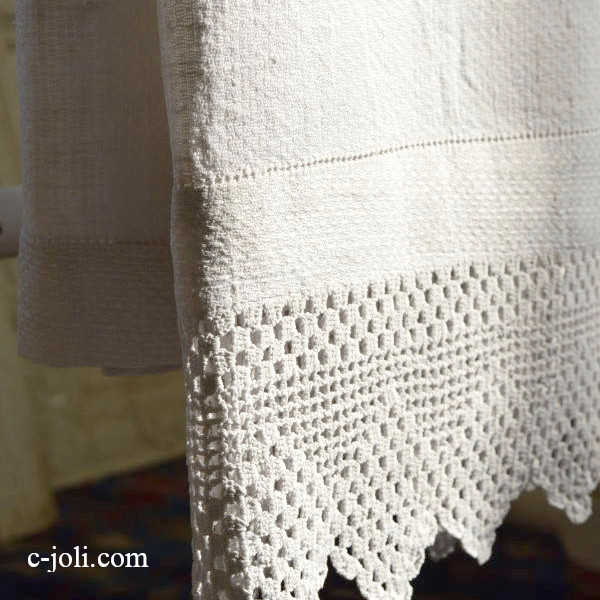 【日本発送】K-558　イギリスアンティークリネンゲストタオル　リネン＆クロシェレース 1m04