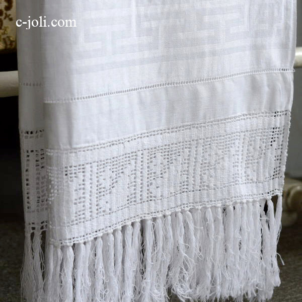 【日本発送】K-582　イギリスアンティークリネンゲストタオル　クロシェレース＆ダマスク織リネン 135cm