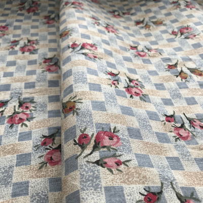 【日本発送】K-737　フランスアンティーク布/アンティークファブリック/はぎれ　ローズ柄リネンファブリック 113x50cm