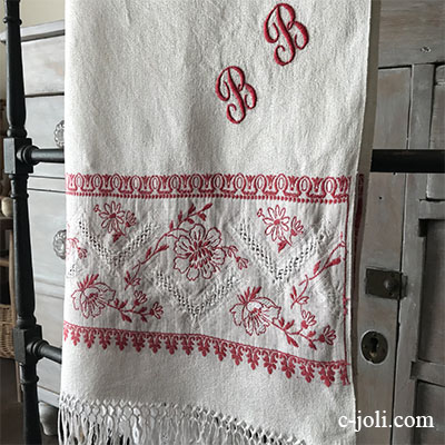 K-766 フランスアンティークリネンクロス　フリンジ付リネンタオル/ゲストタオル 手刺繍モノグラム 58x127cm