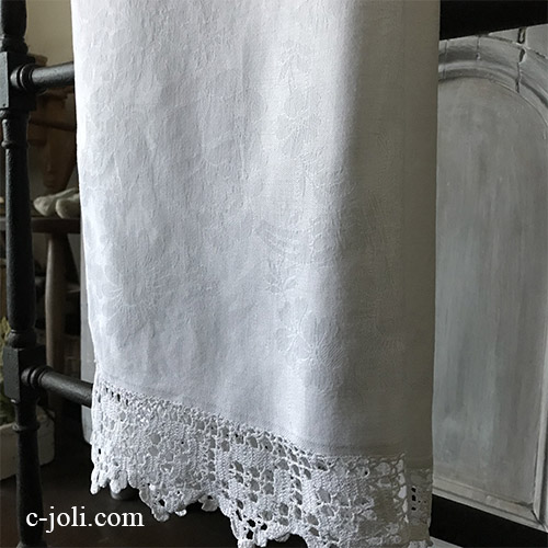 K-795 イギリスアンティークコットンゲストタオル/ハンドタオル　ダマスク織コットン＆クロシェレース 122cm