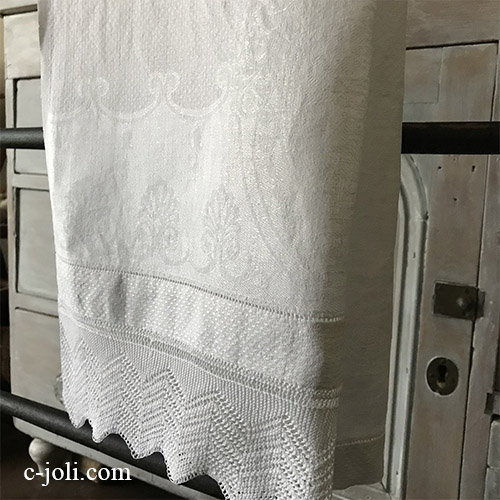 K-799 イギリスアンティークリネンゲストタオル/ハンドタオル　ダマスク織リネン＆マシーンレース 106cm