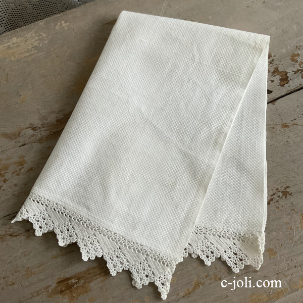 【日本発送】K-824 英国アンティークリネンゲストタオル/ハンドタオル　リネン＆クロシェレース 61cm