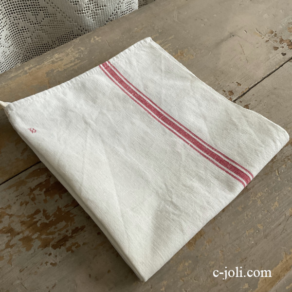 【日本発送】K-828 フランスアンティークリネントーション/キッチンクロス　手刺繍クロスステッチ＆赤ラインリネンクロス 102cm