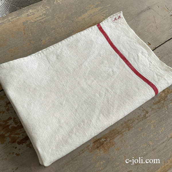 【日本発送】K-830 フランスアンティークメティストーション/キッチンクロス 赤ライン綿麻クロス 77cm