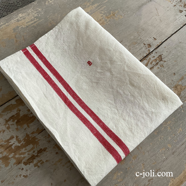 【日本発送】K-832 フランスアンティークリネントーション/キッチンクロス　手刺繍クロスステッチ＆赤ラインリネンクロス 75cm