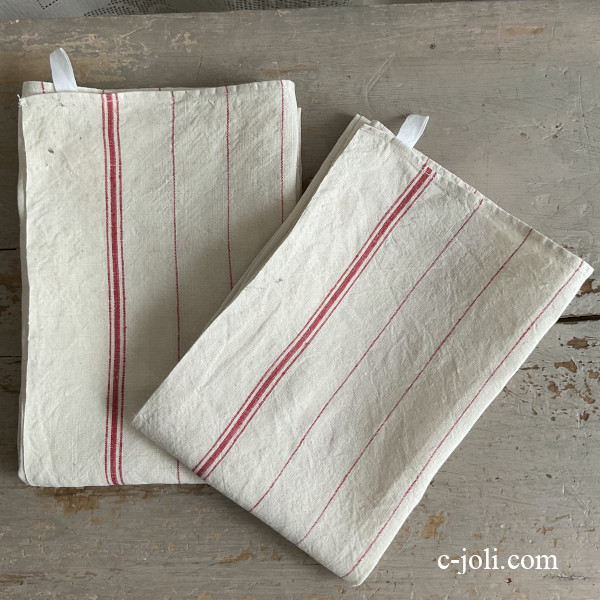 【日本発送】K-833 フランスアンティークリネントーション/キッチンクロス　赤ストライプリネンクロス２枚