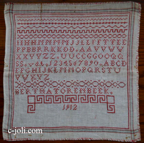 【日本発送】L-124　オランダアンティークリネン＆手刺繍　スクールサンプラー