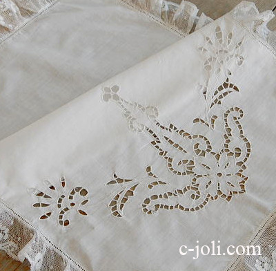 【日本発送】L-572　フランスアンティークレース　綿ローン手刺繍＆コットンレースクロス