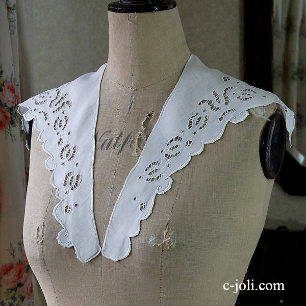 【日本発送】L-585　フレンチアンティークレース衿　手刺繍リネン