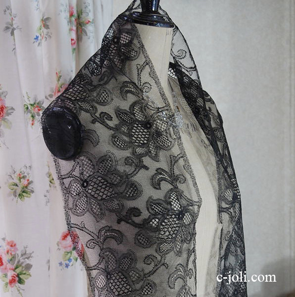 【日本発送】L-600　フレンチアンティークレース　ブラックレース　リネン3m15