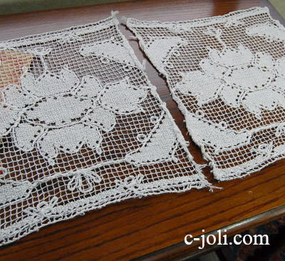 【日本発送】L-640　フランスアンティークレースクロス　リネンハンドワークフィレレース2枚
