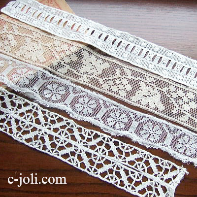 【日本発送】L-716　フレンチアンティークレース4本　手刺繍ホワイトワーク＆ハンドワークフィレレース＆リネンレース