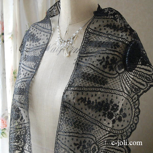 【日本発送】L-804　フランスアンティークレース　リネン黒レース 1m28