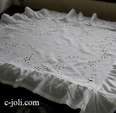 【日本発送】L-942　フランスアンティークコットンクロス/ベビープラムブランケットカバー　カットワーク手刺繍コットン