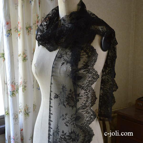 【日本発送】L-989　フランスアンティークレース1m90　リネン黒レース/ブラックレース