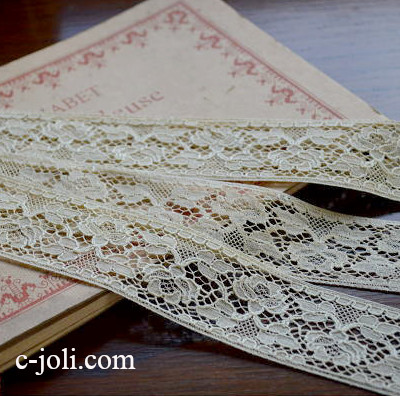 【日本発送】L1184　フランスアンティークレース/テープレース 1m93　ローズ柄コットンレース　