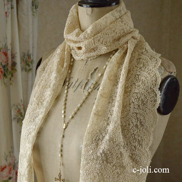 【日本発送】L1257　イギリスアンティークレース1m68　コットンチュールレース