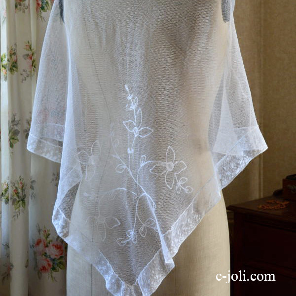 【日本発送】L1442　フランスアンティークレース　コットンチュールレースショール/ベール 190x83cm