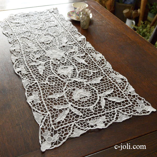 【日本発送】L1483　フランスアンティークレースマット　リネンニードルポイントレーステーブルランナー 93cm