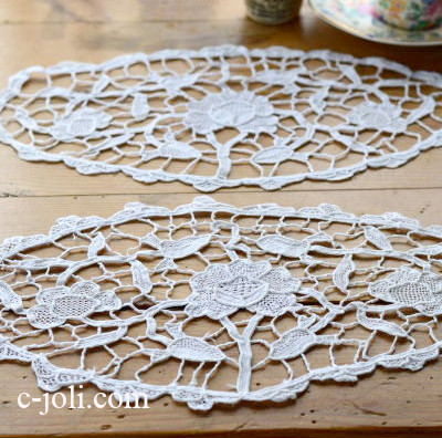 【日本発送】L1590　フランスアンティークレース　リネンニードルポイントレースクロスペア