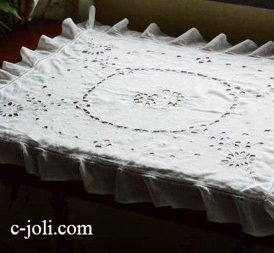 【日本発送】L1620　フランスアンティークレースクロス　カットワーク手刺繍コットンローン＆チュールレース　