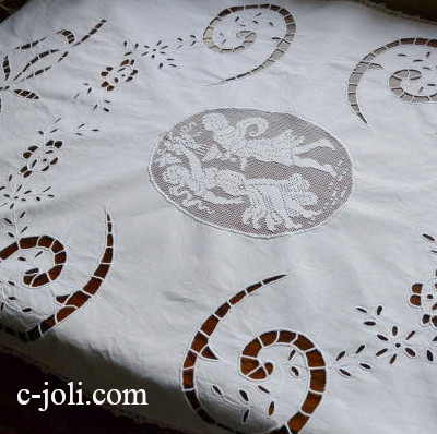 【日本発送】L1677　フランスアンティーク手刺繍＆レースクロス　カットワーク手刺繍コットン＆マシーンフィレレース 51.5x81cm