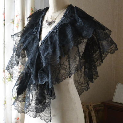 L1750　フランスアンティークレースショール　19世紀ブラックレース/黒レース/シャンティレース 142x48cm