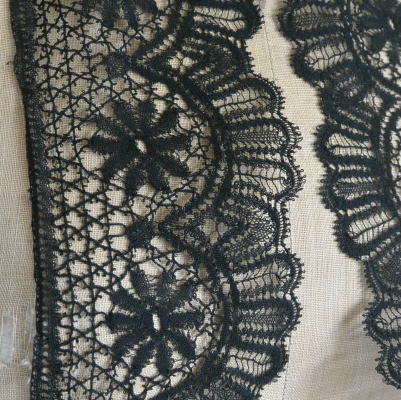 【日本発送】L1953　フランスアンティークレース/シルクボーダーテープレース　ブラックレース/黒レース 95+85cm