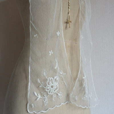 【日本発送】L2000　フランスアンティークレースストール　コットンチュールレースストール エクリュ（生成り）　182cm