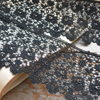 【日本発送】L2096　フランスアンティークレースボーダー/テープレース　リネンケミカルレース/ブラックレース 1m10