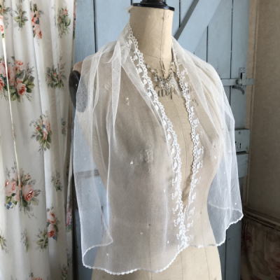 【日本発送】L2239　フランスアンティークレースストール/レースショール　リネンチュールレース 110cm